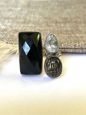 925 Sterling Silver Black Onyx, Rutilated Quartz & Green Amethyst Ring US:8